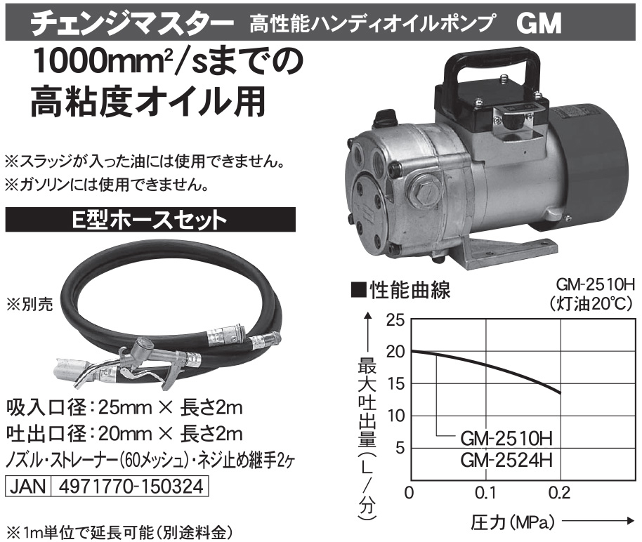 高粘度用電動ハンディオイルポンプ GM-2510H E型ホースセット(E型 