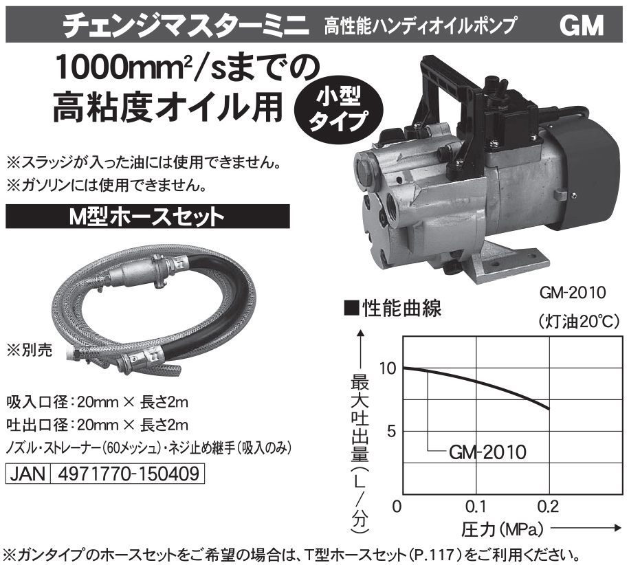 高粘度用電動ハンディオイルポンプ GM-2010 M型ホースセット(M型ホース